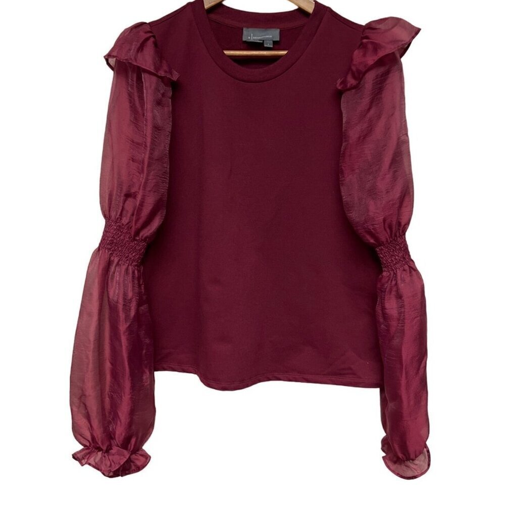 Anthropologie Berry Red Smock Long Sleeve Blouse Mixed Fabric Women's Size Large